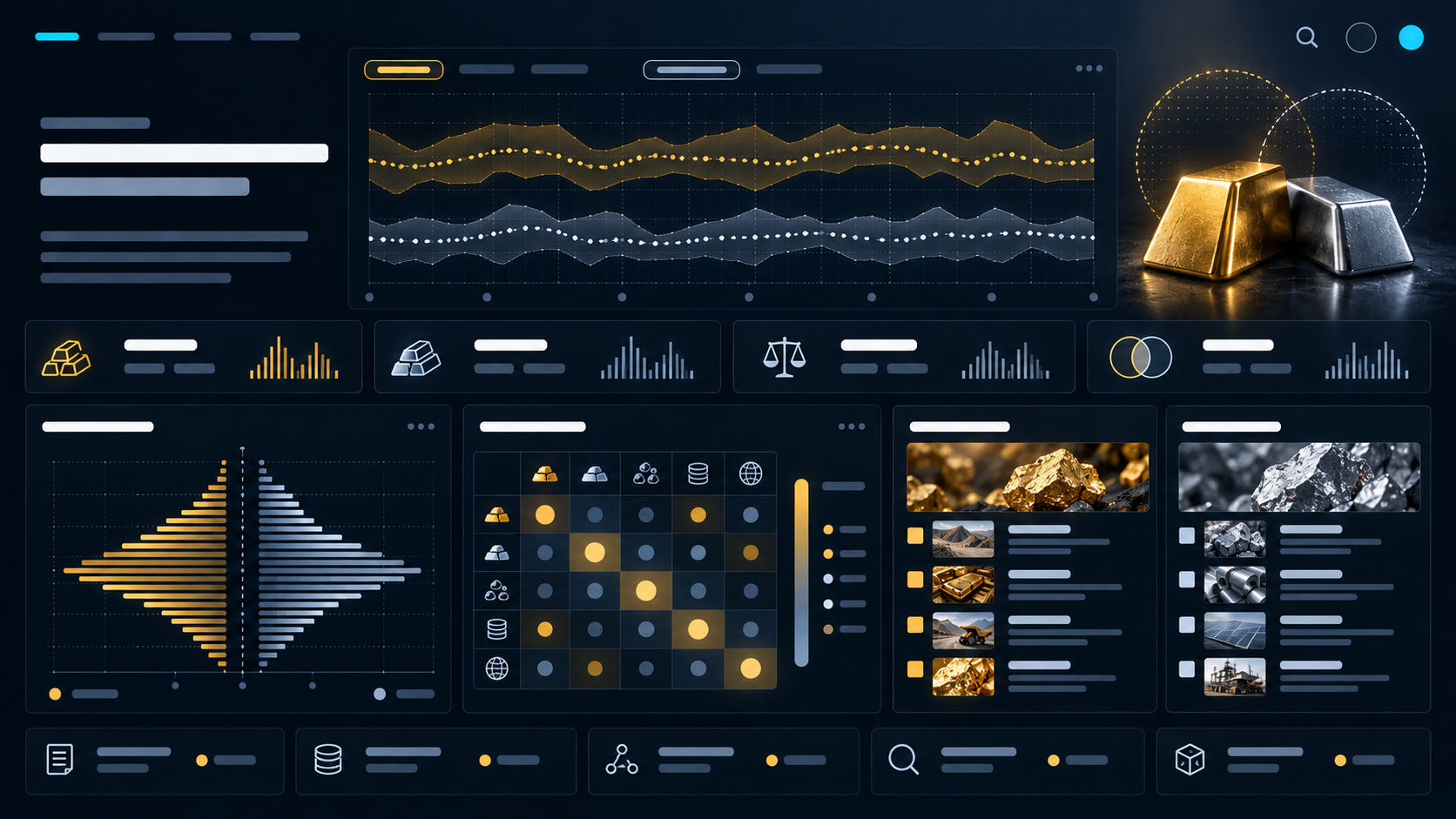 Concept visualization of a neutral gold and silver research dashboard with range bands, distributions, and comparison panels.