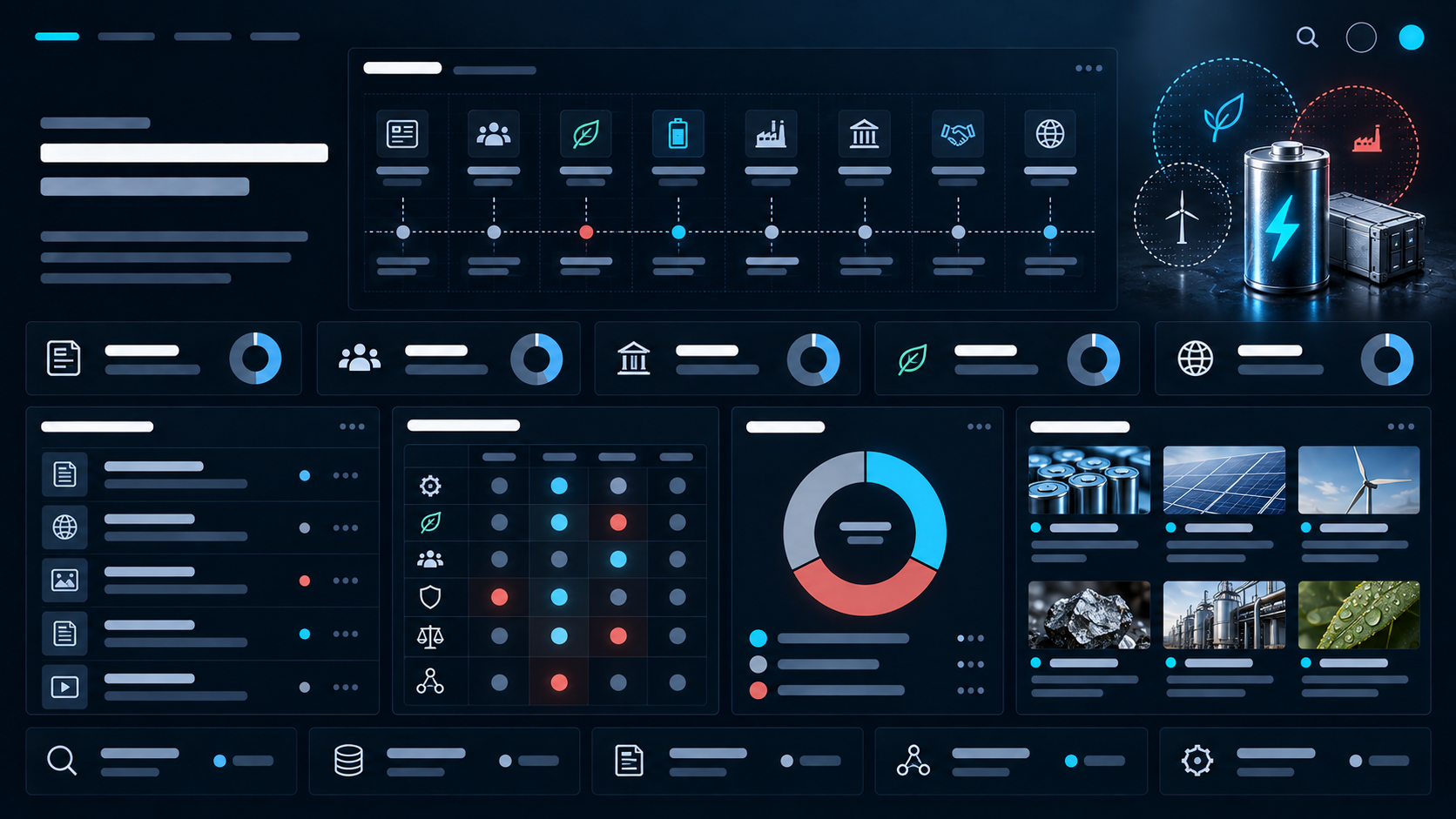 Experimental concept visualization of a neutral public-company research dashboard with source coverage, topic matrices, and balanced distributions.