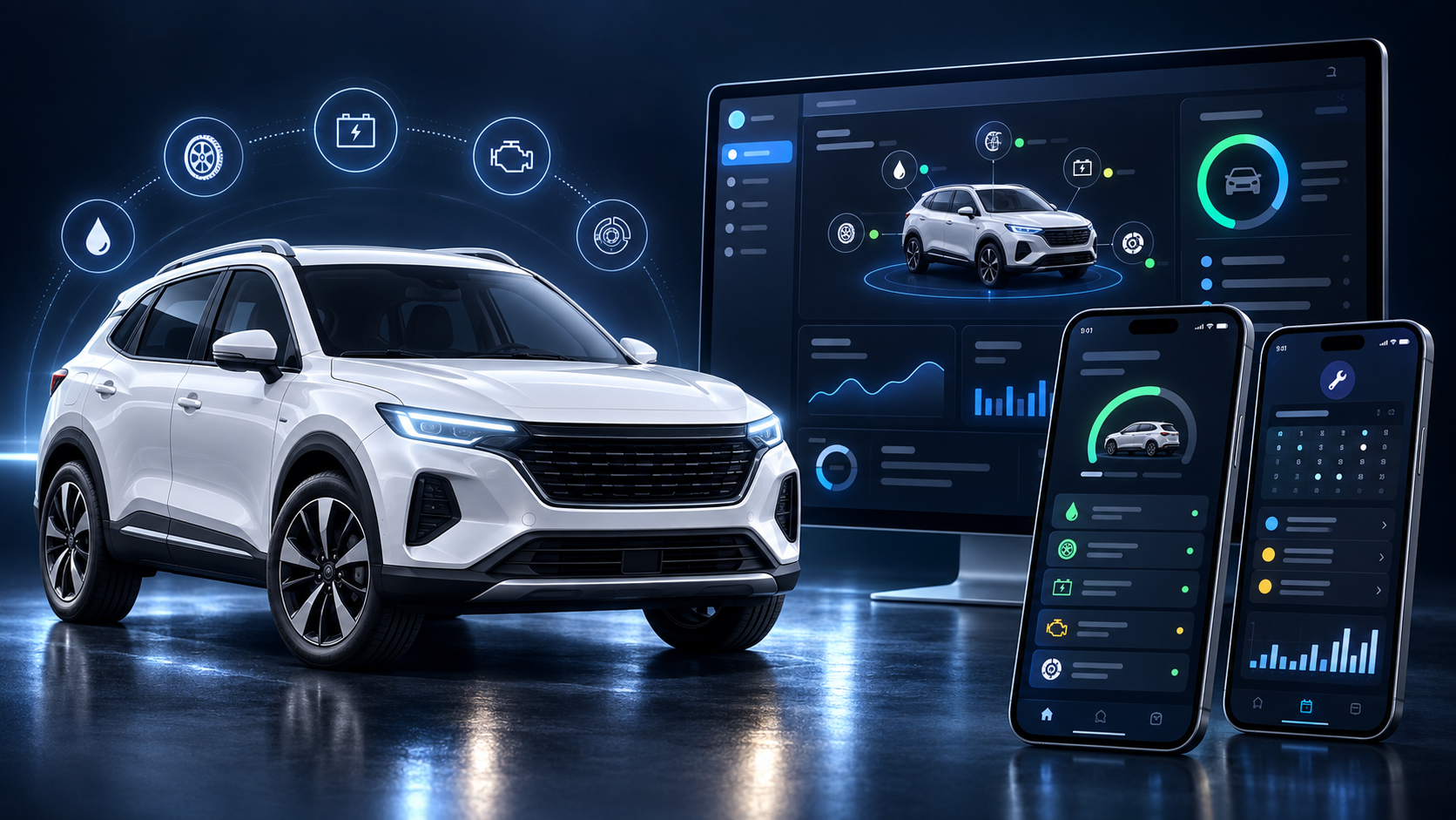 Concept visualization of a white vehicle beside desktop and mobile maintenance dashboard interfaces.